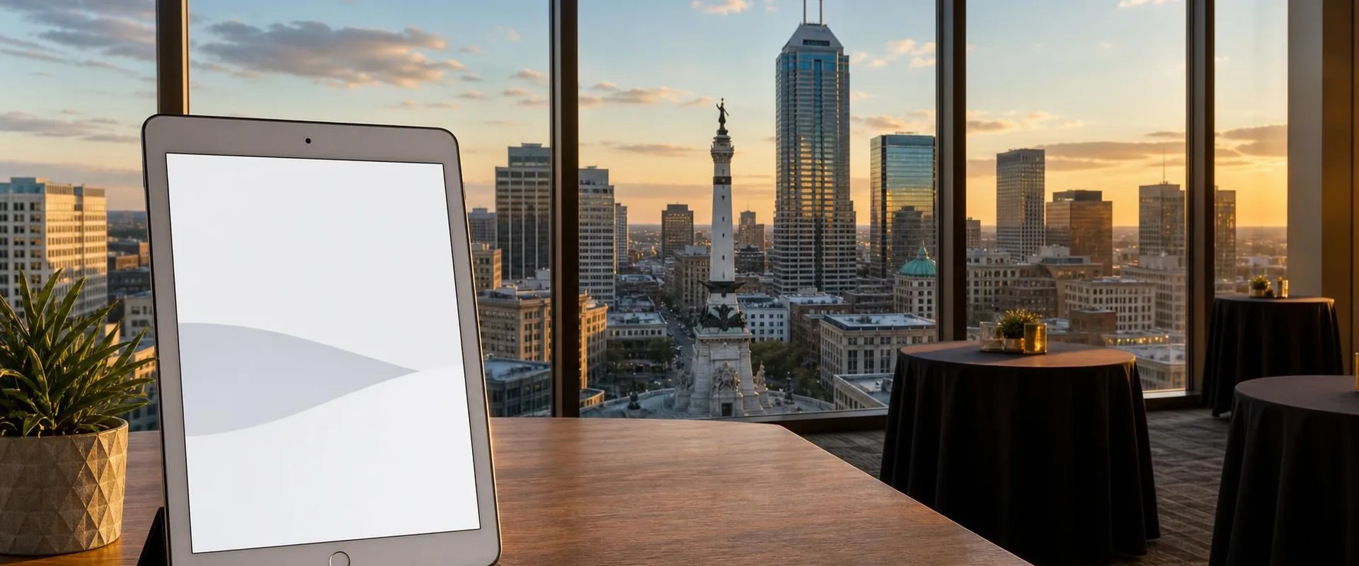 Silver iPad tablet in an Indianapolis high-rise event space with the Soldiers' and Sailors' Monument and Salesforce Tower